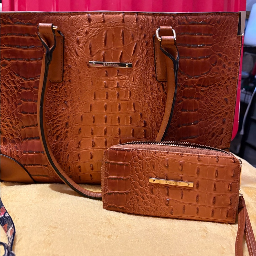 Brahmin pecan Melbourne Croc-Embossed Tote and Wallet